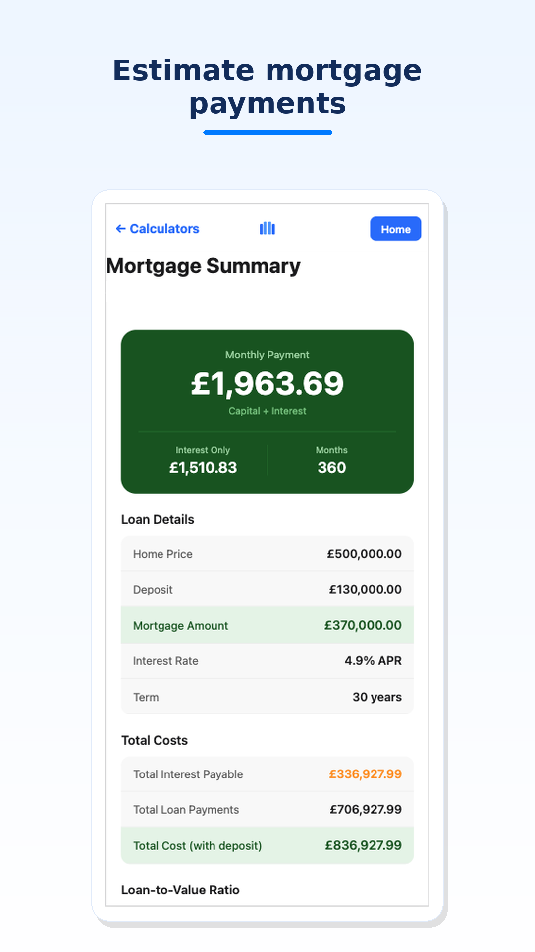 Mortgage payment calculator in MoneyMap Pulse