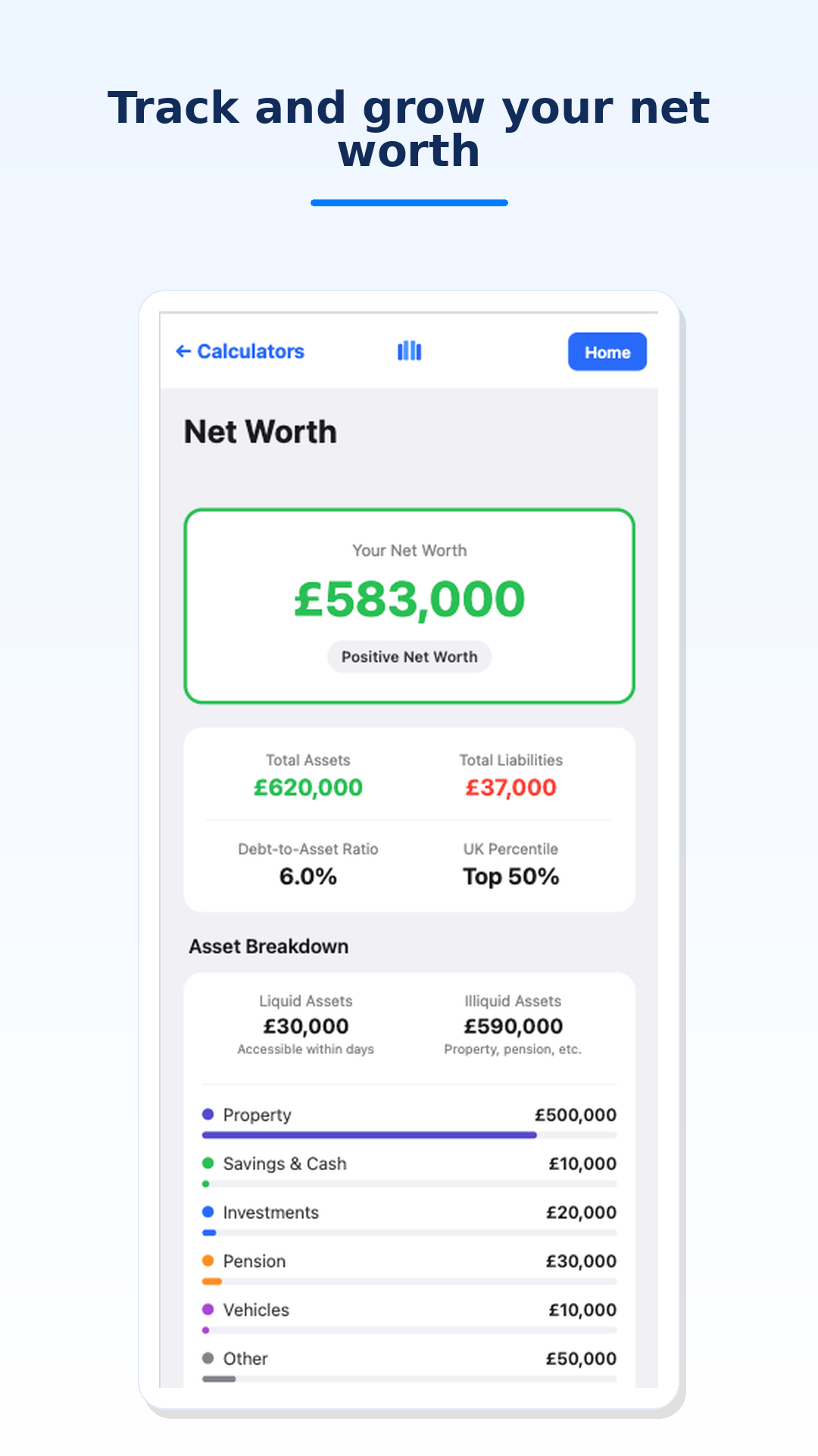 Net worth tracking screen in MoneyMap Pulse